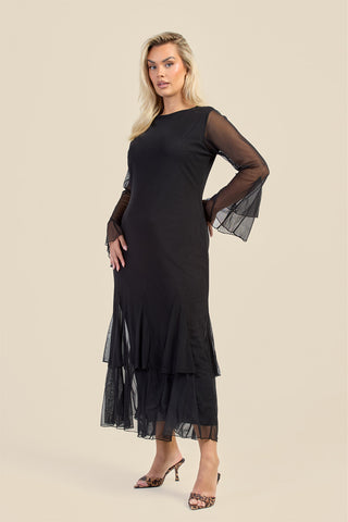 Curve Godet Skirt Flare Sleeve Mesh Maxi Dress