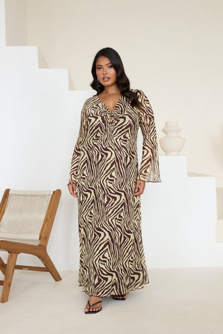 Curve Zebra Print Ring Detail Buttermilk Flare Sleeve Midi Dress