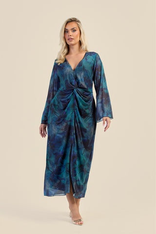 Curve Teal Floral Twist Front Mesh Midi Dress