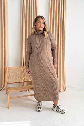 Curve knitted rib roll neck midaxi jumper dress in camel