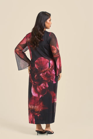 Curve Twist front large floral burgundy mesh midi dress