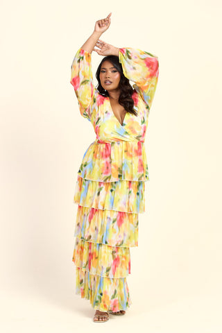Curve Floral Print Ruffle Balloon Sleeve Maxi Dress