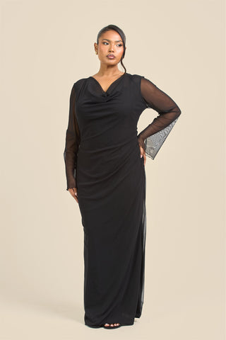 Curve Cowl Neck Long Sleeve Mesh Maxi Dress