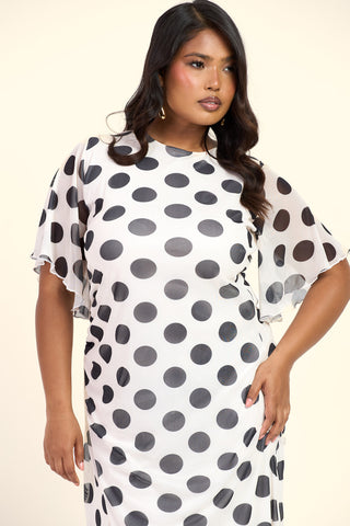 Curve Flutter Sleeve Large Polka Dot Ruched Side Maxi Dress