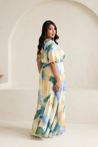 Curve Abstract Print Angel Sleeve Wrap Front Maxi Dress