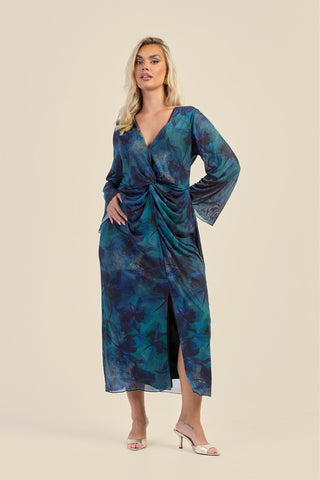 Curve Teal Floral Twist Front Mesh Midi Dress