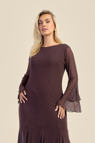 Curve Godet Skirt Flare Sleeve Mesh Maxi Dress