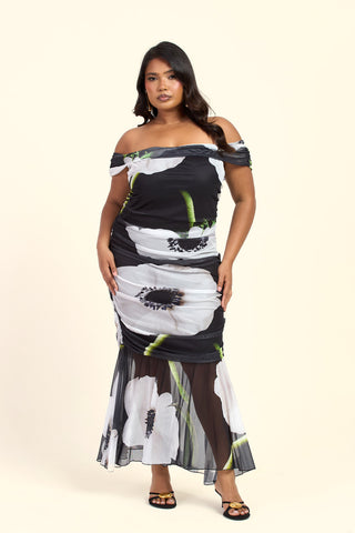 Curve Bold Floral Print Bardot Ruched Midi Dress