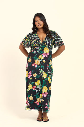 Curve Mixed Lemon Print Flutter Sleeve V Neck Midi Dress