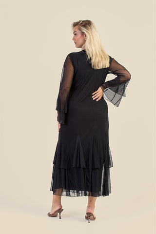 Curve Godet Skirt Flare Sleeve Mesh Maxi Dress