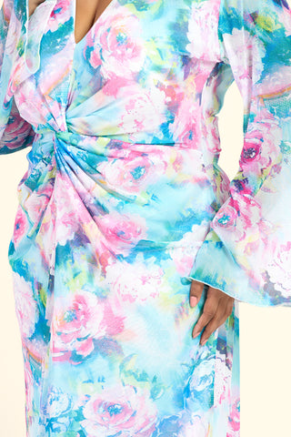 Curve Blurred Floral Pastel Flare Sleeve Twist Front Midi Dress