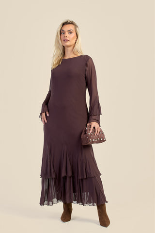Curve Godet Skirt Flare Sleeve Mesh Maxi Dress