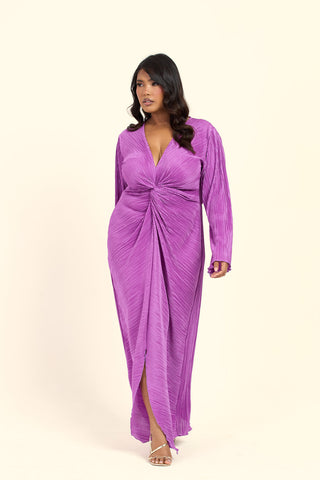 Curve Twist Front Flare Sleeve Plisse Midaxi Dress