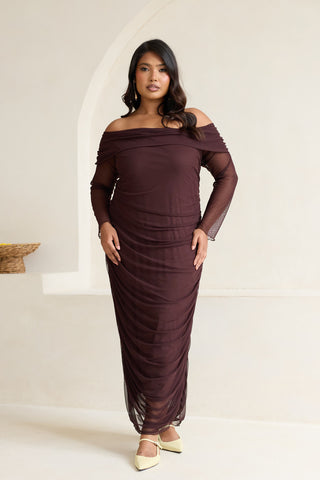 Curve Bardot Ruched Mesh Midaxi Dress