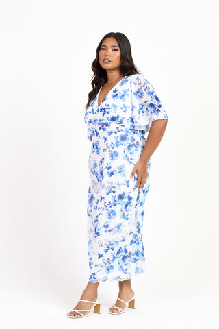 Curve Blue Floral Lace Trim Flutter Sleeve Midi Dress