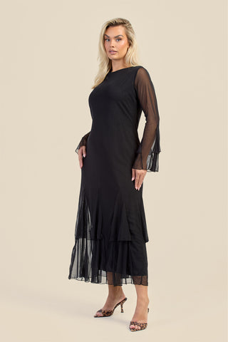 Curve Godet Skirt Flare Sleeve Mesh Maxi Dress