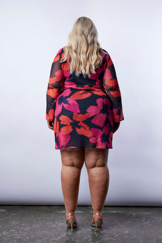 Mesh flare sleeve mini dress in bold floral print