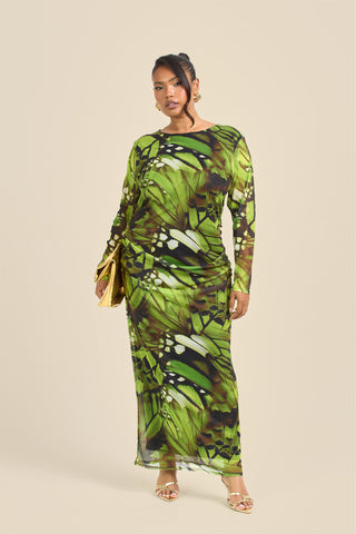 Curve Abstract Print Ruched Mesh Midaxi Dress