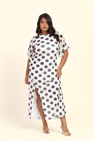 Curve Flutter Sleeve Large Polka Dot Ruched Side Maxi Dress