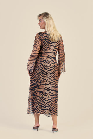 Curve Brown Tiger Print Twist Front Flare Sleeve Midaxi Dress