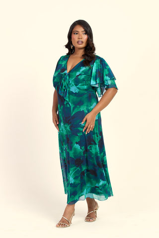 Curve Floral Green Abstract Tie Front Flutter Sleeve Midi Dress