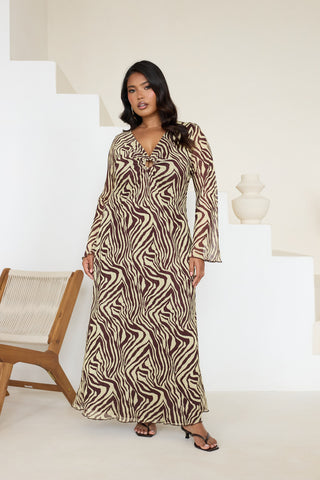Curve Zebra Print Ring Detail Buttermilk Flare Sleeve Midi Dress