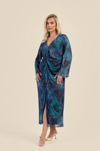 Curve Teal Floral Twist Front Mesh Midi Dress