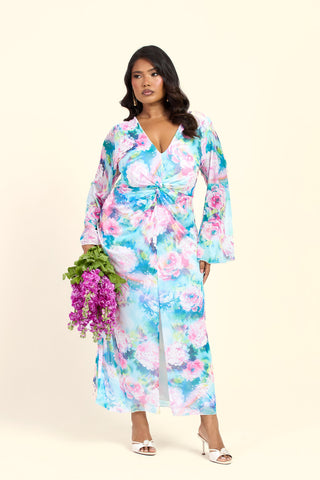 Curve Blurred Floral Pastel Flare Sleeve Twist Front Midi Dress