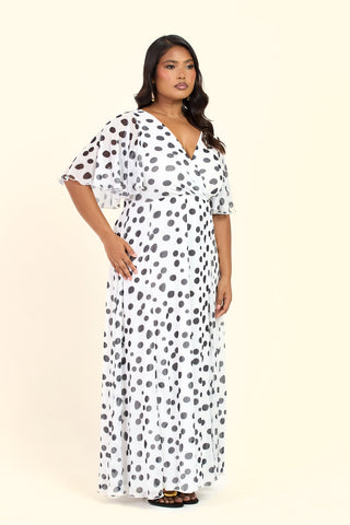 Curve Polka Dot Angel Sleeve Wrap Front Maxi Dress