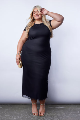 Mesh short sleeve maxi dress in black