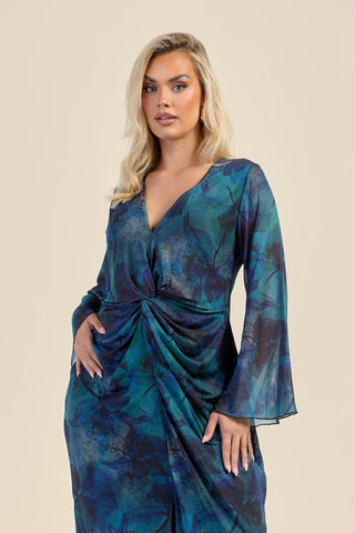 Curve Teal Floral Twist Front Mesh Midi Dress