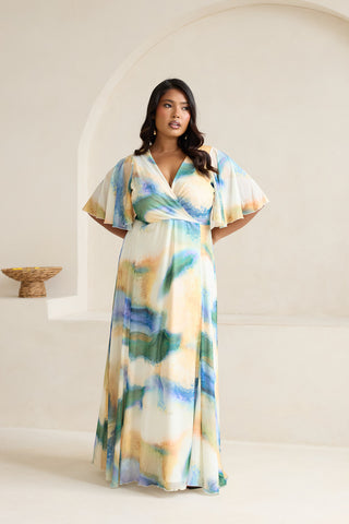 Curve Abstract Print Angel Sleeve Wrap Front Maxi Dress