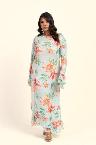 Curve Lily Print Long Sleeve Ruffle Swing Maxi Dress