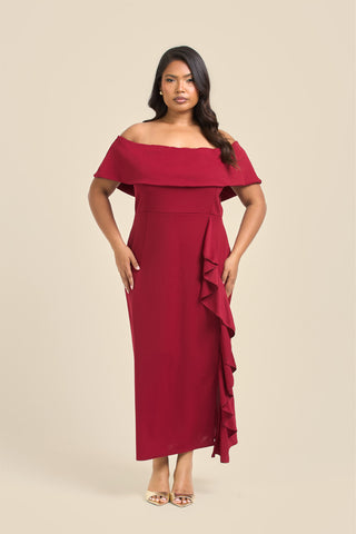 Curve Bardot Frill Scuba Midi Dress
