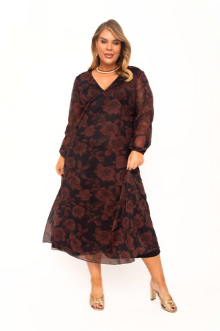 Curve Balloon Sleeve Autumn Floral Midi Dress