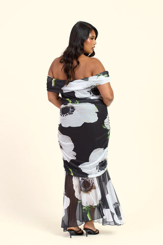 Curve Bold Floral Print Bardot Ruched Midi Dress