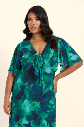 Curve Floral Green Abstract Tie Front Flutter Sleeve Midi Dress