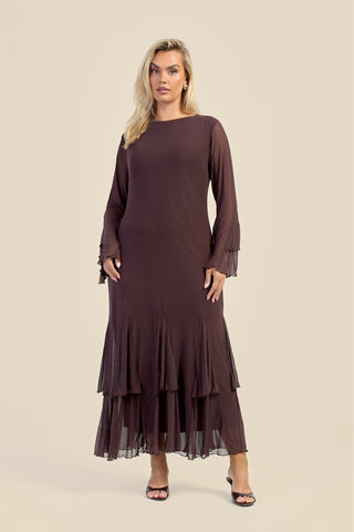 Curve Godet Skirt Flare Sleeve Mesh Maxi Dress