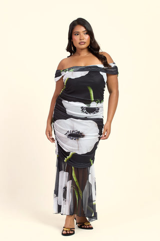 Curve Bold Floral Print Bardot Ruched Midi Dress