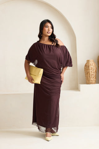 Curve Drop Shoulder Ruched Mesh Chocolate Midaxi Dress