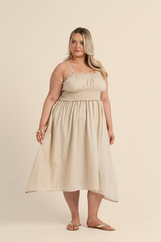 Curve Shirred Waist Linen Look Midi Dress
