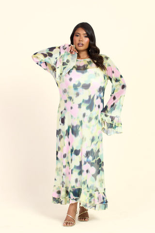 Curve Blurred Floral Round Neck Long Sleeve Ruffle Swing Midaxi Dress