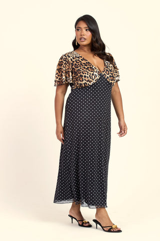 Curve Mixed Leopard And Polka Dot Print Flutter Sleeve V Neck Midi Dress