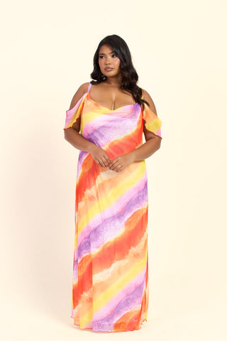 Curve Cold Shoulder Ombre Marble Print Maxi Dress