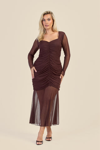 Curve Ruched Body Mesh Drop Hem Maxi Dress