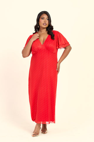 Curve Polka Dot Flutter Sleeve V Neck Midi Dress