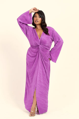 Curve Twist Front Flare Sleeve Plisse Midaxi Dress