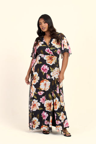 Curve Dark Floral Angel Sleeve Maxi Dress