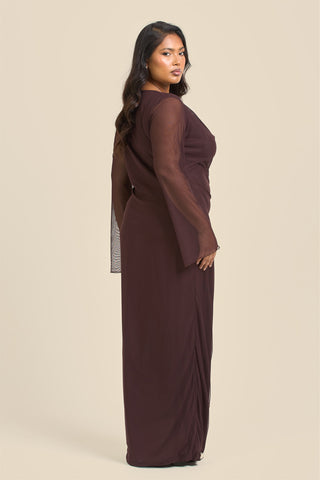 Curve Cowl Neck Long Sleeve Mesh Maxi Dress
