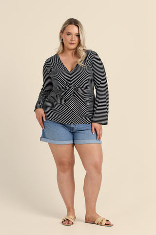 Curve Monochrome Knitted Stripe Twist Front Flare Sleeve Top